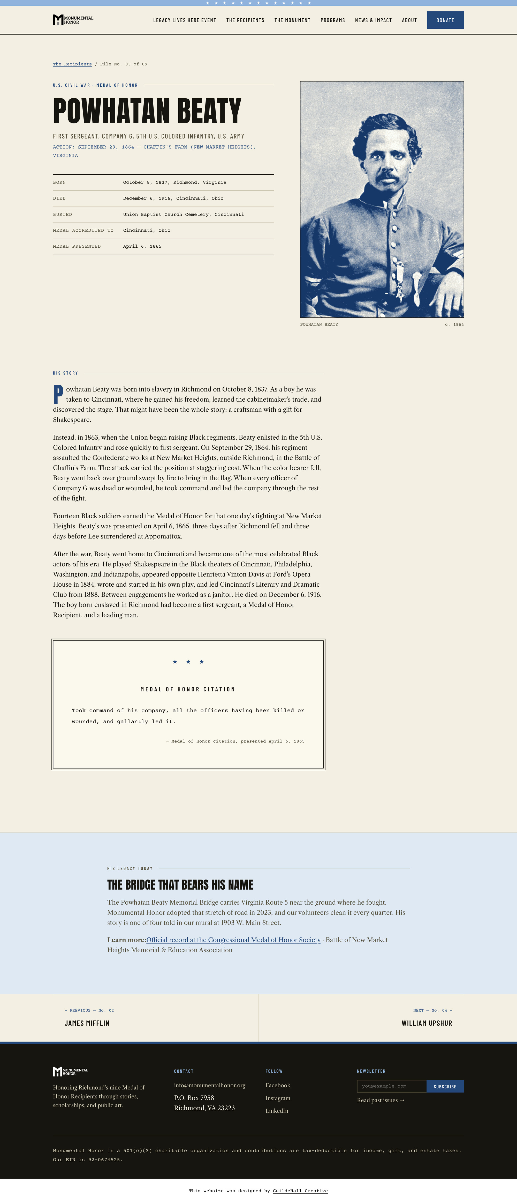Monumental Honor recipient page for Powhatan Beaty